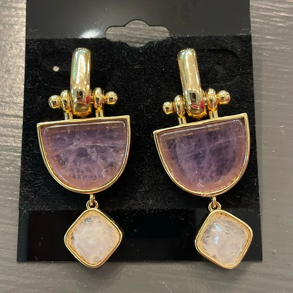 J.Crew Bobbi Stone Drop Earring Purple Multi Quartz Gold Plated, pierced. - Picture 1 of 3